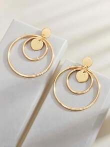 2pcs/Set Gold Circle & Geometric Design Pendant Earrings, Suitable For Daily Wear - Yellow Gold - View 2