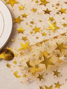 1 pezzo Runner da tavolo con stampa stelle in lamina d'oro, 28 cm x 274 cm, in tessuto di poliestere metallizzato, adatto per vacanze, primavera, tovaglia da matrimonio, decorazione matrimonio, decorazione casa, decorazione stanza, regalo per feste, decorazione per compleanni di nozze, addio al nubilato, decorazioni natalizie per la casa, regali di Natale, decorazioni natalizie