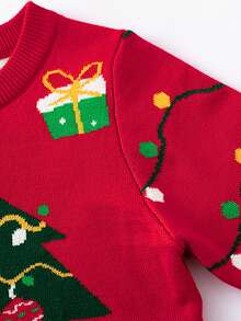 Baby Boys Christmas Tree & Gift Pattern Long Sleeve Sweater, Fashionable & Versatile, Suitable For 1st Birthday Party, Christmas Party - Red - View 6