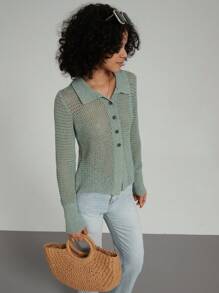 Se-Hore Mode Décontractée Cardigan Tricoté à Col Polo Manches Longues Ajouré, Polyvalent Pour Trajets Quotidiens/Rétro Américain/Loisirs Confortables, Automne