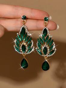 2 件欧美时尚水晶吊坠耳环，女士长款闪亮奢华方晶锆石耳环，新娘婚礼耳环