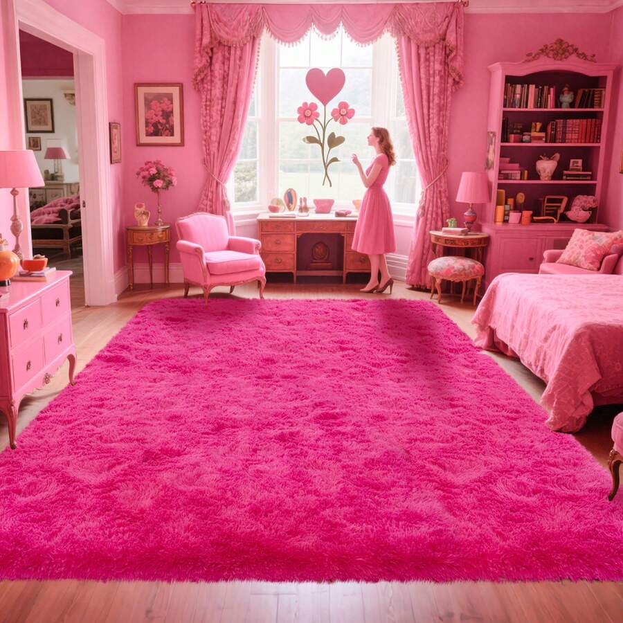 Alfombra peluda ultrasuave para sala de estar y dormitorio, extragrande, con base de goma antideslizante y 4 almohadillas autoadhesivas, 100 % poliéster, bordes cosidos resistentes, ideal como regalo de Navidad. - Rosa Fucsia - Ver 1