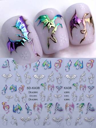 2pcs 5D Embossed Glitter Dragon Nail Art Stickers Y2K Gothic Colorful Metallic Iridescent Western Dragon Nail Decals Relief Self Adhesive Manicure Decoration Nail Supplies For Salon DIY