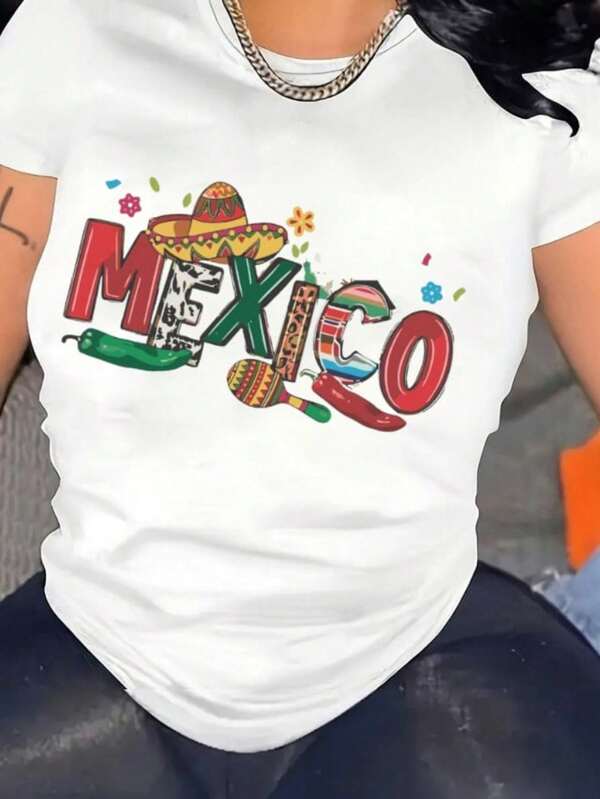 Camiseta Manga Corta Cuello Redondo Estampado Mexico Sombrero Bandera Septiembre Mujer