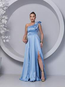 Long Dress For Bridesmaid – One Shoulder With Ruffle And Slit Elegant Simple Elegant Party Satin Side Opening Zipper Pleated Bridesmaid Civil Wedding Debutante Graduate Formal And Evening - 寧靜藍 - 查看 1