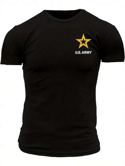 Camiseta de algodón pesado de 220g para hombres estilo Grunt - Negra, estilo básico del ejército americano con completo, estrella amarilla y texto en negrita, camiseta de manga corta con cuello redondo casual deportiva, adecuada para adultos y adolescentes, cómoda para todas las estaciones, lavable aáquina, ropa casual cómoda| Estilo deportivo| Talla I9BS