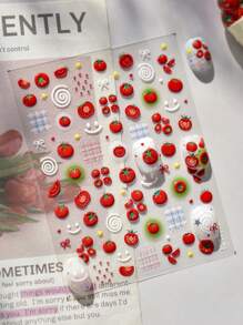 1片中式番茄果冻美甲贴纸，透明亮面自粘美甲装饰，可爱番茄绿叶图案，适合日常美甲美足，趣味装饰