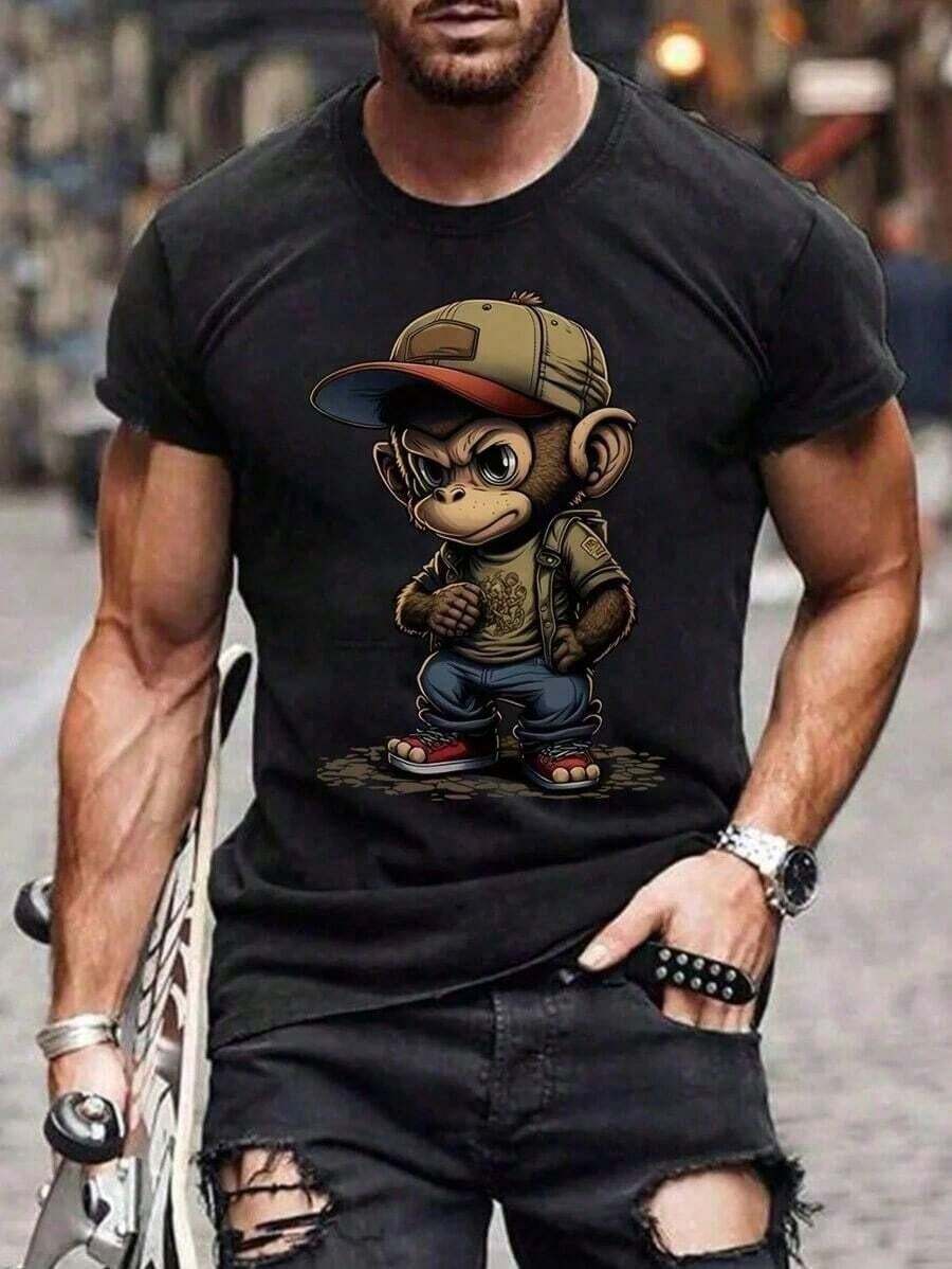 Camiseta de manga corta y cuello redondo de verano con estampado simple para hombres Manfinity Dauomo, camisetas estampadas con características de cultura callejera - Negro - Ver 1