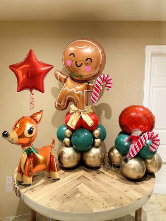 第 1 套优质圣诞节和新年气球套装 - 包括优雅的 18 英寸红星气球、10 英寸金属金色/红色/深绿色乳胶气球、18 英寸红色圆形铝箔气球、27 英寸姜饼人铝箔气球、3D 站立驯鹿和驯鹿主题装饰。