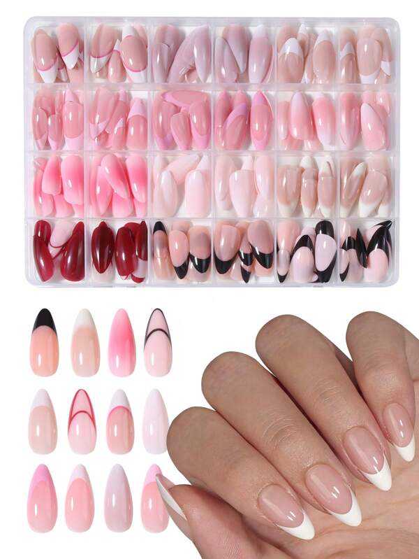 288Pcs/Box (12 Mixed) Long Almond Glossy Solid Color& French Design Tips Press On Almond Nails Perfect Fit Acrylic False Nails Set, Includes 4Pcs Jelly Glue And 2Pcs Nail File , Suitable For Women And Girls Daily Life And Party Use Nail Supplies Nails
