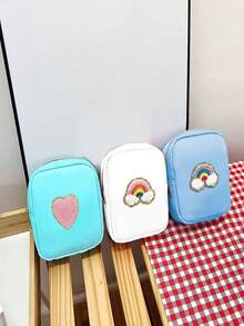 雪尼尔牛津布刺绣彩虹心形收纳袋，可收纳数据线、耳机、充电器、化妆品、旅行口红，适合夏季度假旅行、户外活动数据线收纳旅行必需品