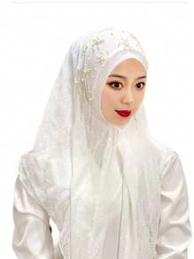 1pc Malaysian Tasseled Solid Color Beaded Floral Shawl Scarf Head Wrap, Elastic Turban Style, Muslim Headwear