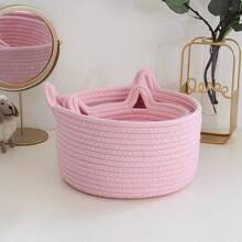 Handmade Woven Cat-Shaped Storage Basket, Desktop/Bedside Organizer Basket, Living Room/Bedroom Storage Bin - Pink - View 4