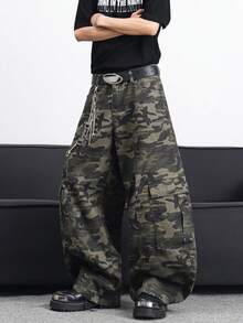 1件装休闲迷彩拼接筒腿工装裤，宽松舒适街头风多口袋长裤，美式休闲品牌（不含腰带和配饰） - 軍綠色 - 查看 5