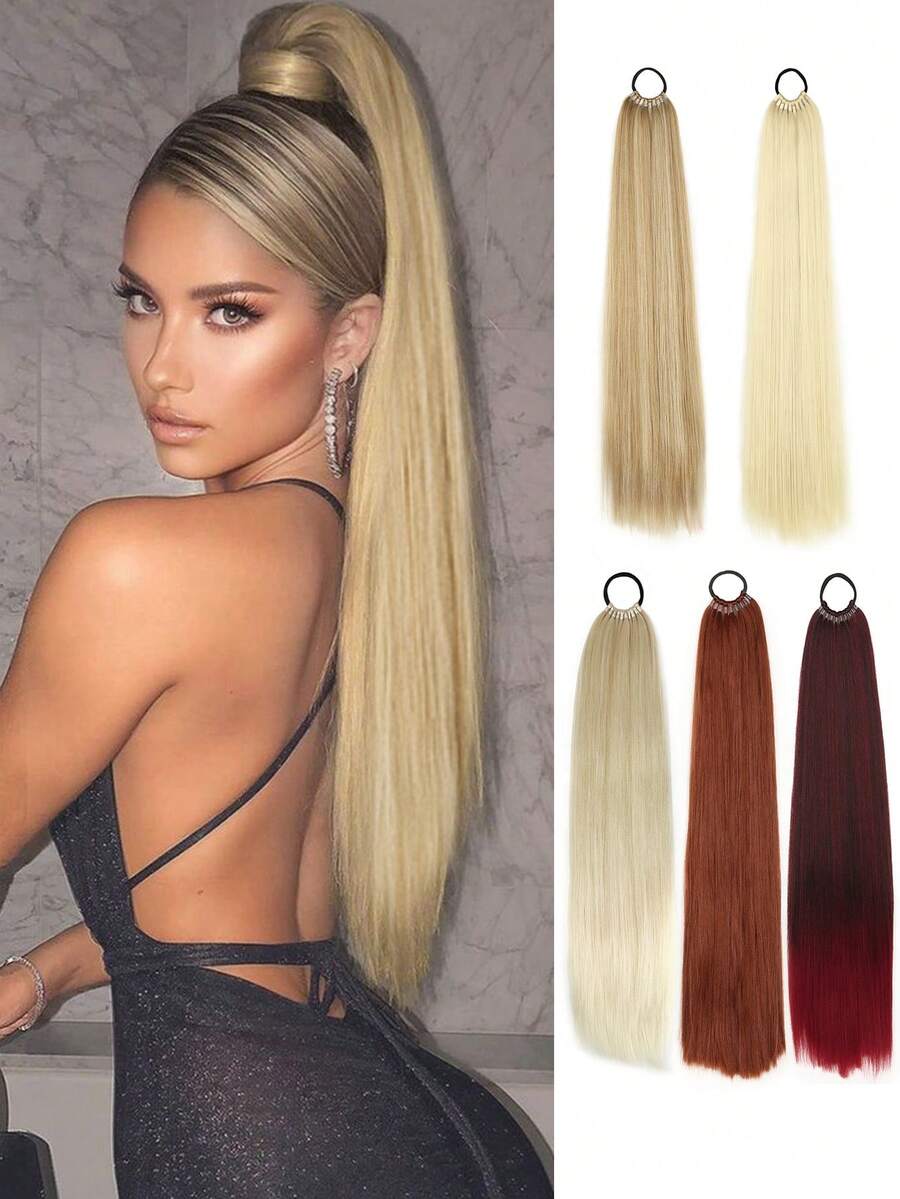 Peluca con coleta de 26"/34", peluca con coleta elástica multifuncional en negro y marrón, resistente al calor, cabello liso largo sintético suave y natural para mujer, adecuado para Navidad, Año Nuevo, Carnaval, festivales de música y otras ocasiones
