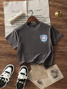 男童休闲印花圆领短袖T恤，夏季上衣 - 深灰色 - 查看 4