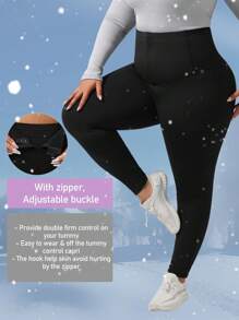 Plus Size Women's Warm Brushed Fleece Tummy Black Leggings Yoga Women Pants, Fold Over Leggings