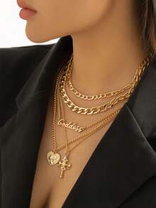 5件套欧美复古多层心形浮雕人物十字架项链嘻哈个性字母链饰品，朋友礼物，姐妹礼物，女士礼物