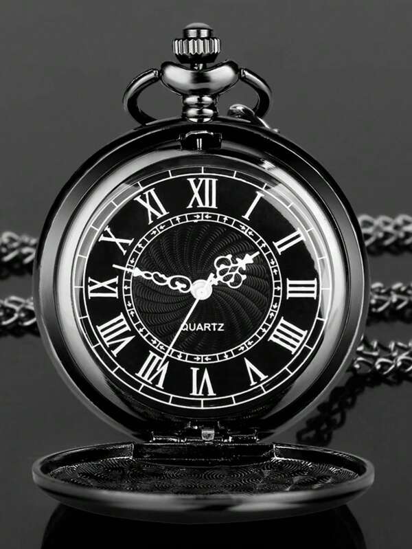 Steampunk Plain Pocket Watch, Black Quartz Necklace Pocket Watches Chain For Men, Birthday, Wedding And Anniversary Gifts