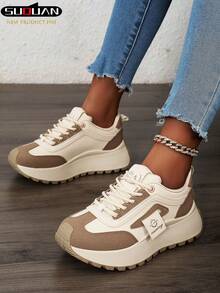 Women's Thick Sole Sneakers, 2025 New Spring & Autumn Lightweight Thick Sole Shoes, Suitable For Spring & Autumn Sports Style, Women's Lace-Up White Shoes - Beige - View 4