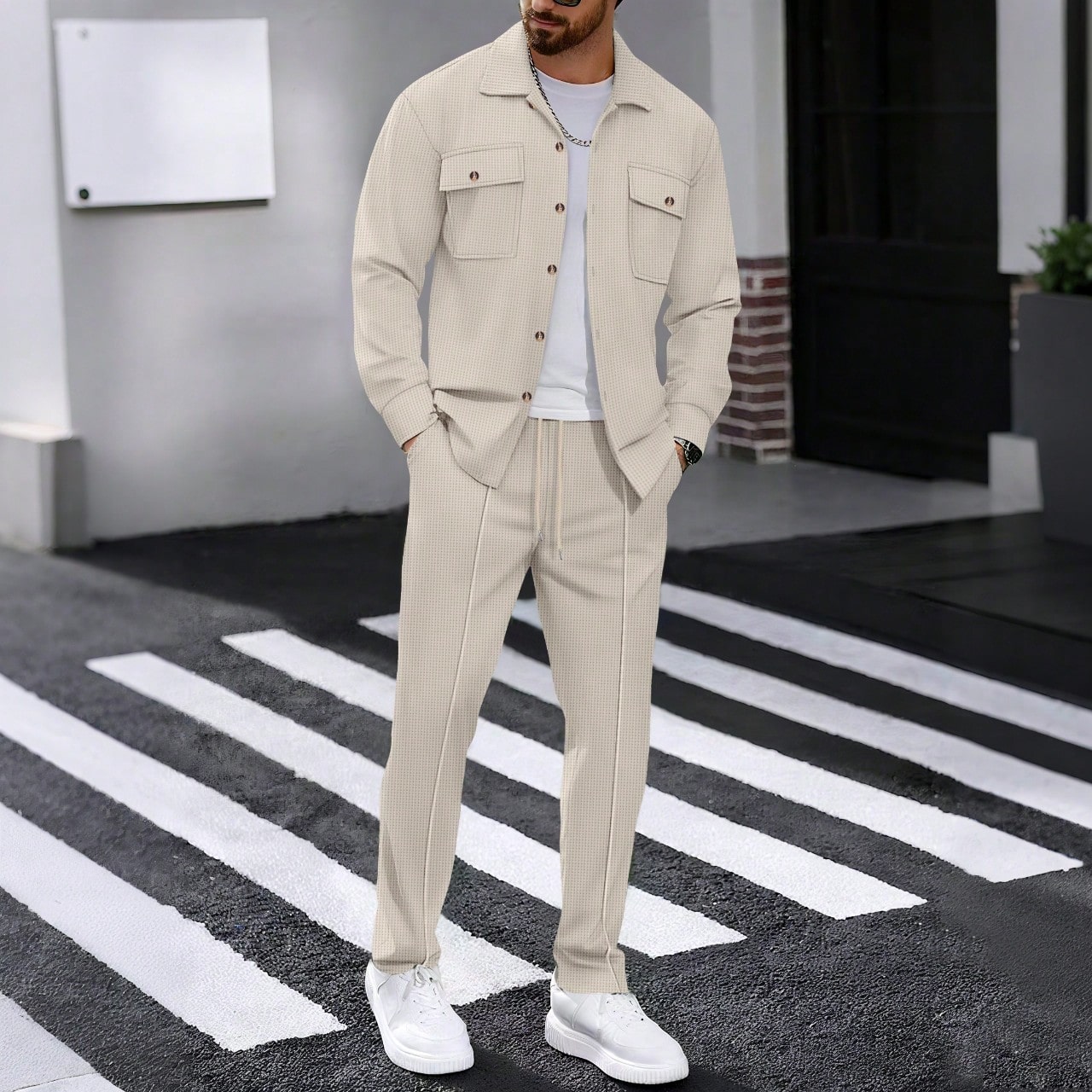 Piezas Conjunto de camisa casual de unicolor con cuello y bolsillos + pantalones para hombre, de tela de poliéster ligera para ocio, deportes y vacac