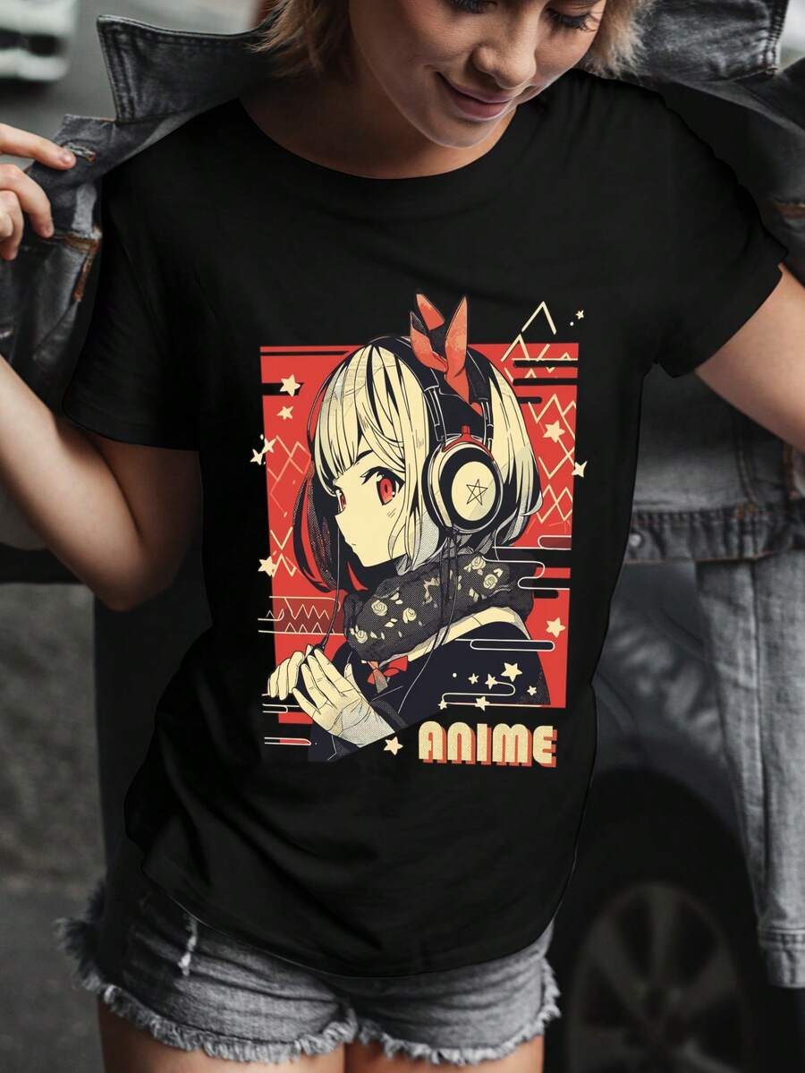 Styl anime, nadruk graficzny, bawełniany T-shirt damski, strój codzienny, luźny krój, sezon letni, wygodny, do codziennego użytku - Czarne - Zobacz 1