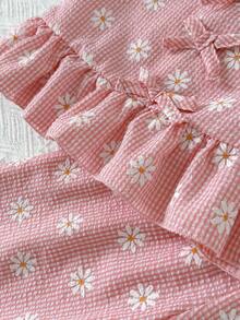 2pcs Girls Daisy Print Plaid Top And Pants Set, Summer - Pink - View 9