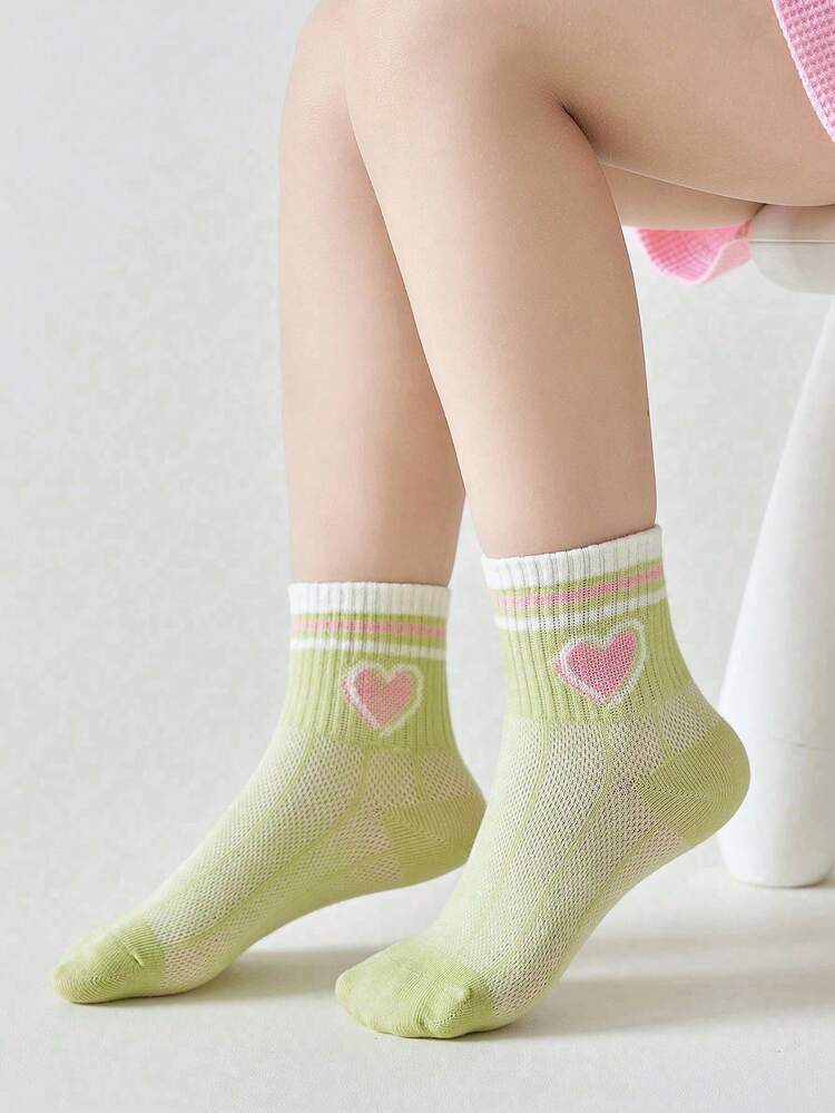 5 双女孩学校/中筒袜，彩色条纹学校风格，心形装饰百搭中筒休闲时尚运动袜，适合日常穿着、礼物、返校、校园风格、运动装、教室、新学期、学生、返校季 - 彩色 - 查看 2
