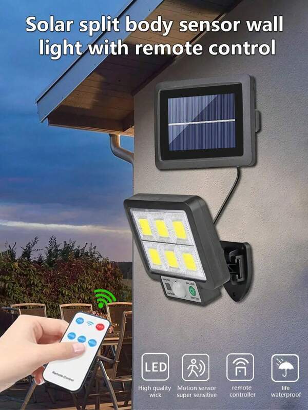 1 PIEZA Luz solar para garaje de 18650-600mAh con diseño dividido, luz solar de pared con control remoto, 3 modos de iluminación, con sensor de movimiento, control solar, encendido/apagado automático, impermeable, a prueba de lluvia, resistente a la intemperie, apto para patios exteriores, jardines, aceras, calles de emergencia, senderos, garajes y terrazas