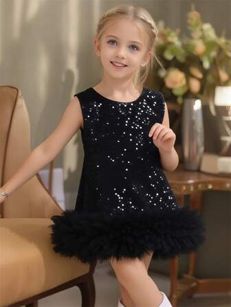 Young Girl Sequin Decor Round Neck Sleeveless Princess Party Dress