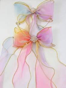 2pcs Pink & Purple Bowknot Hair Clips With Pearl Chain, Rainbow Hair Pins, Princess Hairstyle Decor For Girls, Suitable For Daily Wear, Holiday Photos - Multicolor - View 7