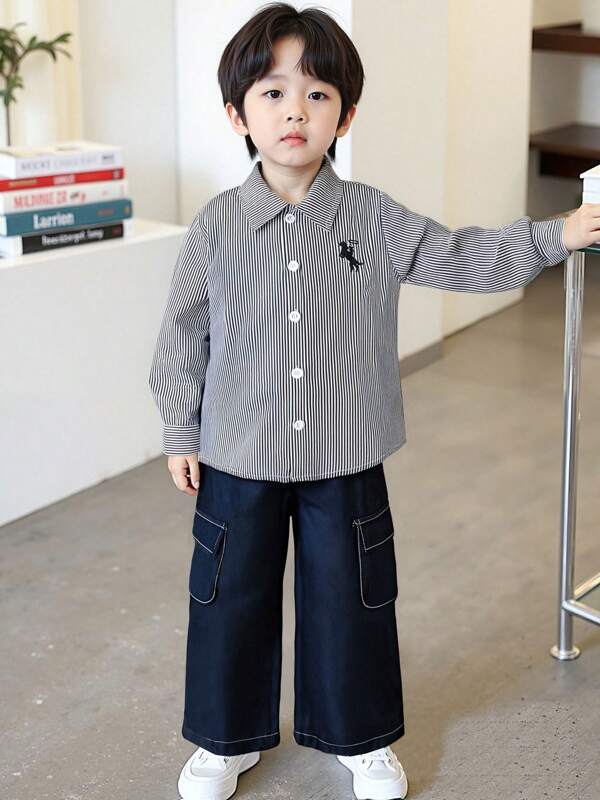 Fashion Toddler Boys 2 Piece Set - Stylish Stripe Design Long Sleeve Buttoned Shirt + (Imitation Denim) Loose Straight Leg Pants, Suitable For School, Family Gathering, Casual Outing, Extracurricular Activities In Spring And Autumn