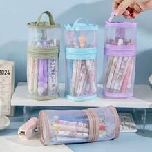 透明铅笔盒笔袋柔和的颜色灵活的笔筒易于取用的口袋储物袋适用于文具学校，学校用品，返校 - 均碼 - 查看 2