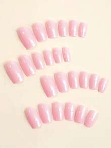 24pcs/Set Long Square Shaped Solid Color False Nails - Light Pink Cute Style, With 1 Glue & 1 Nail File Press On Nails Nail Supplies - Hồng - Xem 2