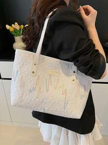 Túi Tote Polyester Phong Cách Trường Học Dung Tích Lớn Thêu Cầu Vồng Thời Trang Thường Ngày, Túi Đeo Vai Di Động, Túi Xách Tay, Thích Hợp Cho Nữ Mua Sắm, Du Lịch, Kỳ Nghỉ, Sinh Viên Đại Học Trở Lại Trường Học - trắng - Xem 5