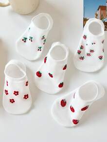 5/20/30 paia di calzini invisibili da donna bianchi e sottili alla caviglia con stampa ciliegia, fragola e floreale, adatti per uso quotidiano, colori casuali - Multicolore - Visualizzare 4