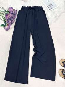 Plus Size High Waisted Wide Leg Pants For Women - Navy Blue Flowy Drawstring Pants With Side Pockets, Comfortable Wrinkle-Resistant For Fall Winter Lounge & Vacation - Navy Blue - View 5