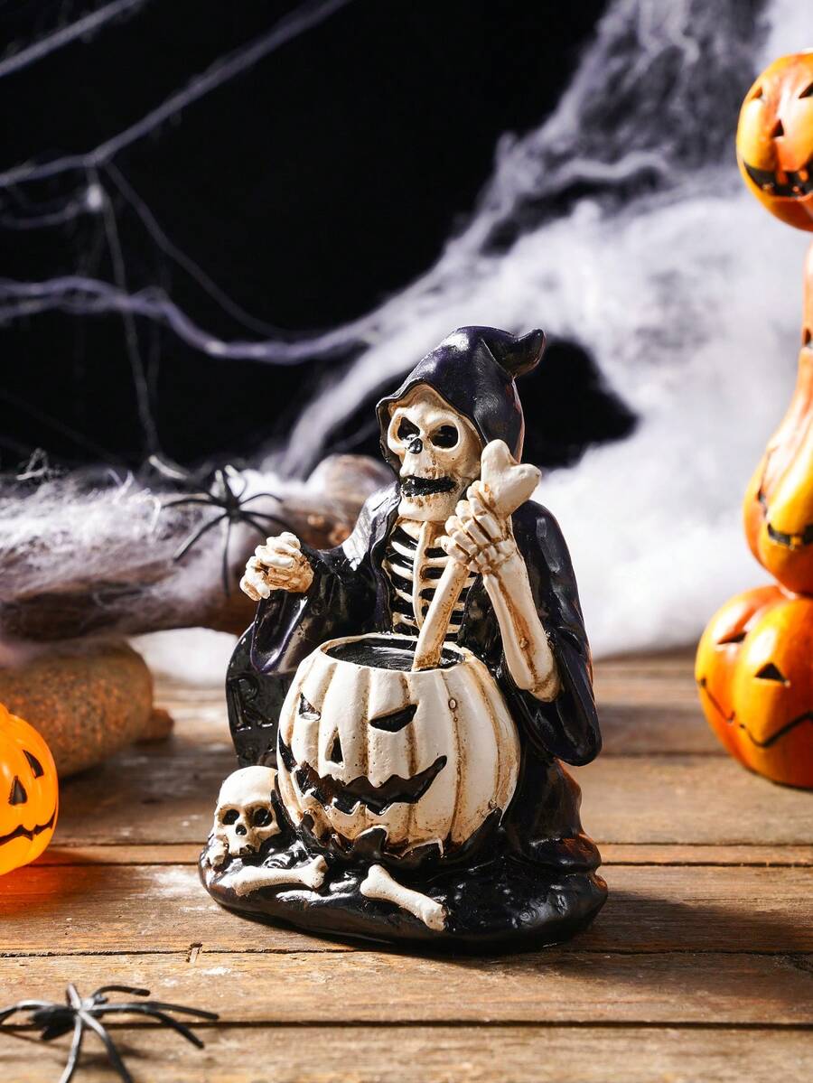 1pc Vintage Funny Skeleton Stirring Potion Decorative Statue, Resin Material Decorative Craft, Suitable For Halloween, Theme Parties, Desk And Other Personalized Decor