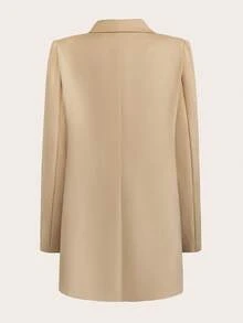 Women's Padded Shoulder Wide Lapel Double-Breasted Woven Fabric Faux Pocket Office/School Blazer - Khaki - View 3