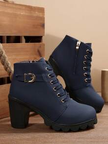 1 đôi bốt cổ ngắn unisex màu trơn, thời trang, năng động, thích hợp đi làm, hoạt động ngoài trời, có khóa kéo và khóa cài bên hông, bốt cao gót nữ, phù hợp cho kỳ nghỉ, tiệc tùng, hoạt động ngoài trời, mọi mùa, bốt cao gót đế dày chống thấm nước, màu đen - Màu xanh hải quân - Xem 6