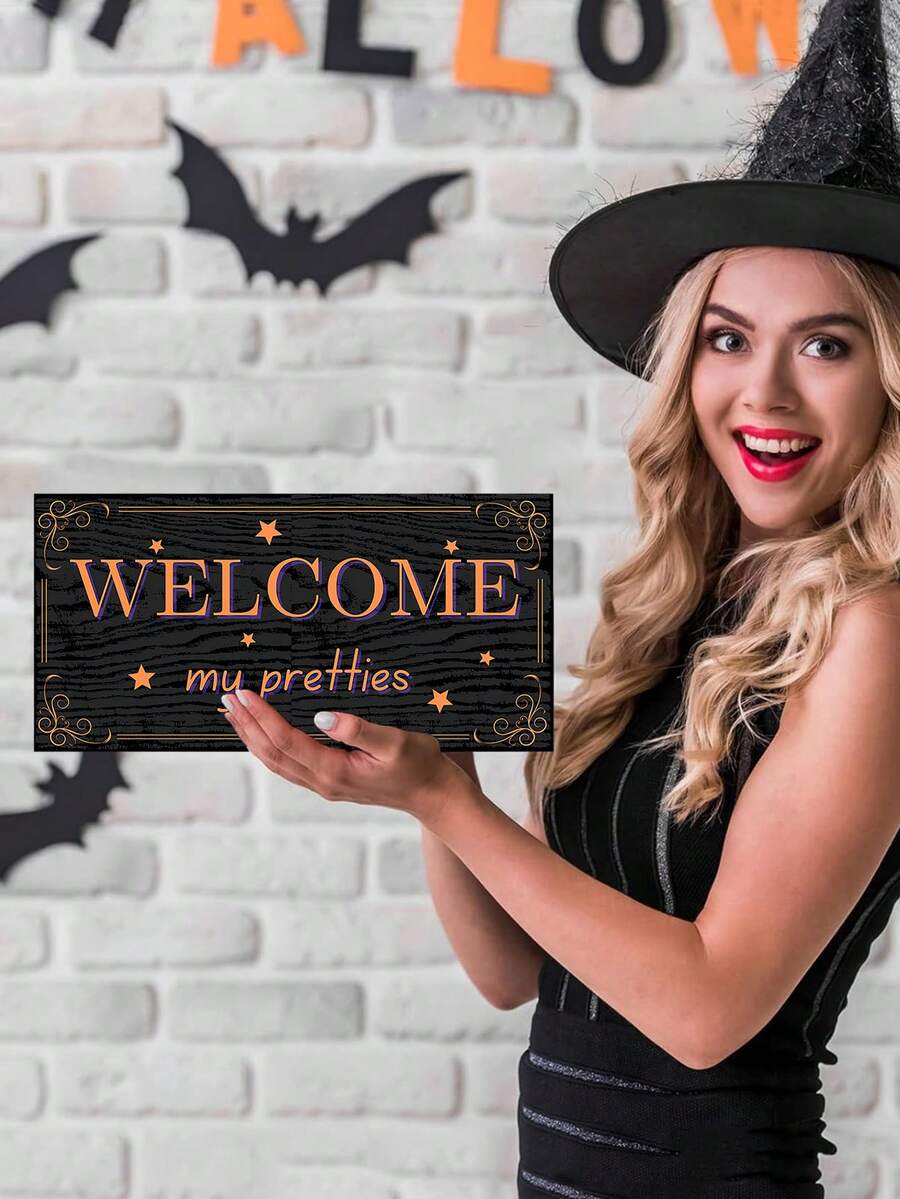 1Pc/220Pcs 4*8in/6*12in Funny Halloween Welcome My Pretties Wooden Hanging Wall Sign, Halloween Witches Wood Home Wall Decor Sign For Home Halloween Party Ornaments Farmhouse Yall Home Front Porch Living Room Bedroom Holiday Party Door Decoration - Multicolor - View 1