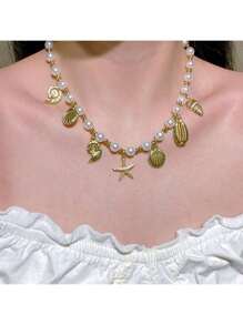 1 set d'une seule pièce composé d'un collier pendentif de style océan, de bijoux pour femmes en perles synthétiques CCB à la mode et d'une chaîne de clavicule convient à un usage quotidien et aux photos de vacances à la plage.
