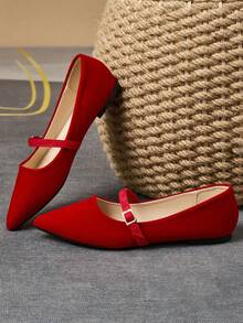 Pair Of Women's Flat Shoes, Pointed Soft Leather Work Shoes, Versatile Shoes, Bean Shoes, Women's Pointed Shallow Mouth Soft Sole, Fairy Style Flat Heel, Shallow Mouth Commuting Single Shoes - 紅色 - 查看 6