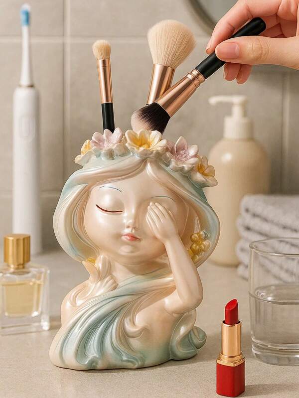 Wave Girl Resin Makeup Brush Holder, Cute Floral Vanity Organizer With Quiet Pose, Aesthetic Bathroom Storage Box For Back To School, Dorm Or Gift Decor