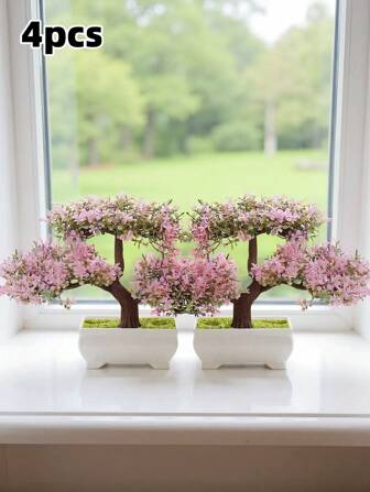 2/4pcs Artificial Realistic Artificial Bonsai Tree In Small Pot With Plastic Cement Pots For Home Table Decoration Decoration Garden Arrangement Ornaments, Simulation Tree, Artificial Plants, Decoration, Room Decoration, Christmas Decrations, Bedroom Decoration