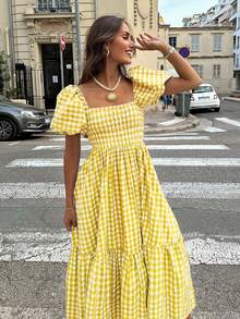 2026春夏新款女士格子优雅波西米亚风休闲泡泡袖荷叶边下摆褶裥黄色连衣裙，适合女士音乐会、街头风、情人节等场合穿着。 - 黃色 - 查看 3