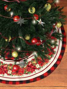 圣诞树裙，红色格子圣诞树裙，节日花卉图案，圣诞树裙布，适合家居圣诞装饰，圆形树裙