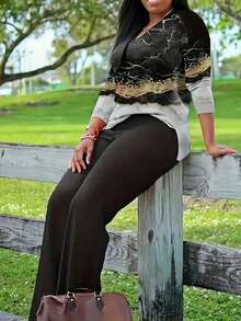 2 Pieces Set: V-Neck Printed Long Sleeve Top And Relaxed Fit Pants, Casual & Elegant - Black - View 3