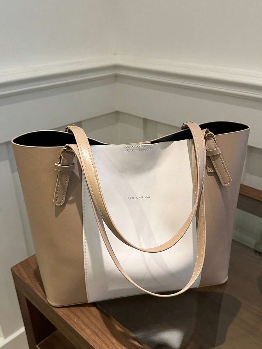 复古简约时尚女士通勤托特包，大容量单肩包，2024年新品 - 彩色 - 查看 1