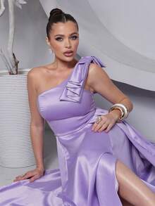 Long Dress For Bridesmaid – One Shoulder With Ruffle And Slit Elegant Simple Elegant Party Satin Side Opening Zipper Pleated Bridesmaid Civil Wedding Debutante Graduate Formal And Evening - 紫丁香色 - 查看 6